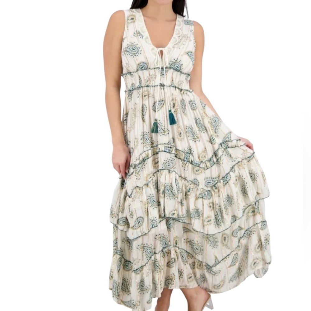 D101 - Boho GREEN Ruffle Embroidered Resort Vacation Maxi Dress 25119